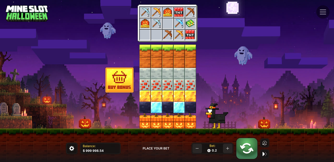 Mine Slot Halloween démo gratuite, jeu casino en français : colonnes de blocs et panneau d'outils