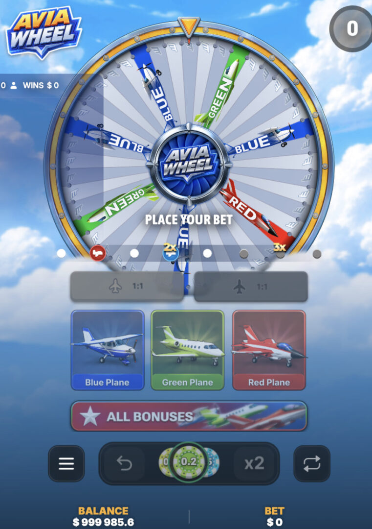 Avia Wheel app mobile avis : écran vertical Place your bet avec jetons 0,2, boutons x2 et Repeat dans le jeu gratuit