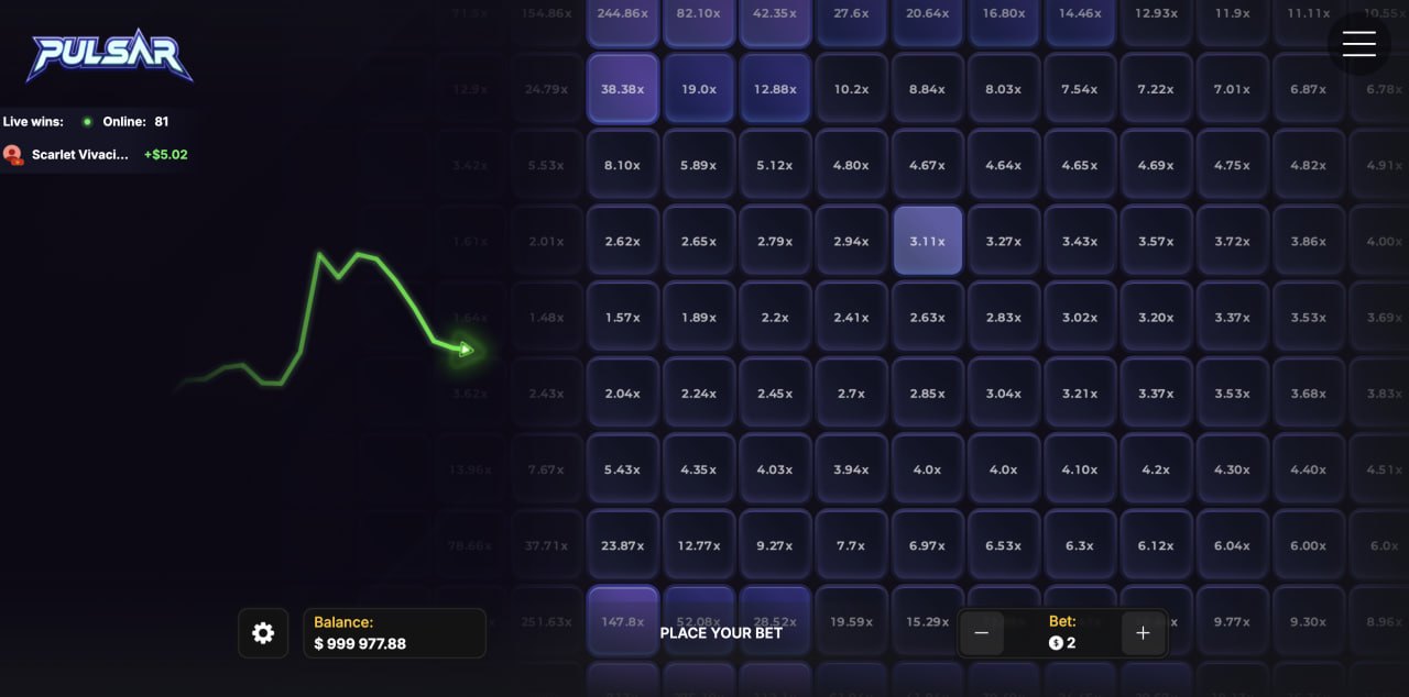 Pulsar avis démo : grille de cases violettes avec coefficients et trajectoire verte de l'impulsion dans le jeu de casino